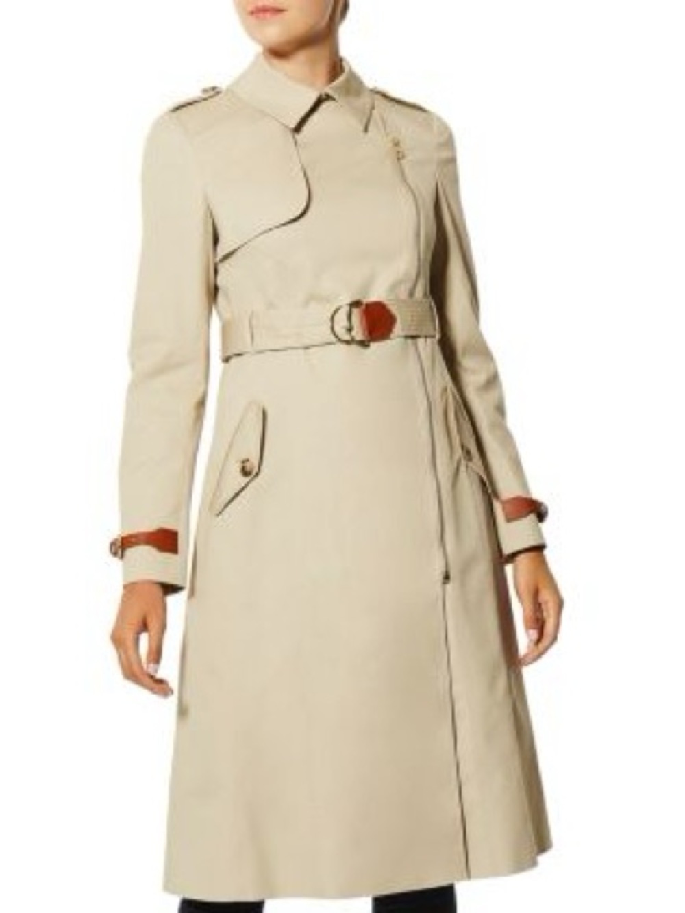 Karen Millen Beige Zip Front Long Trench Coat with Leather Tabs Size 4